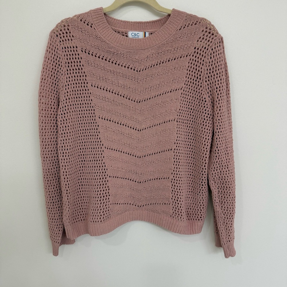 C &C California Pink Open-Knit Crewneck Sweater Women’s Size Large